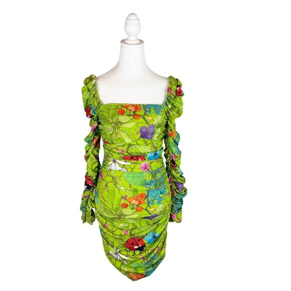 ALIÉTTE Floral Ruched Mini Dress 4 Green NEW - Picture 4 of 11